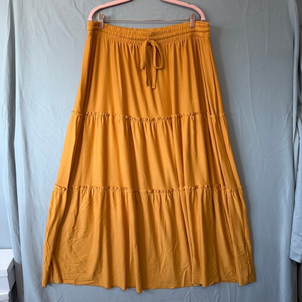 Zenana Womens Boho Tiered Skirt 2XL Mustard Raw Hem Stretch Peasant Cottagecore